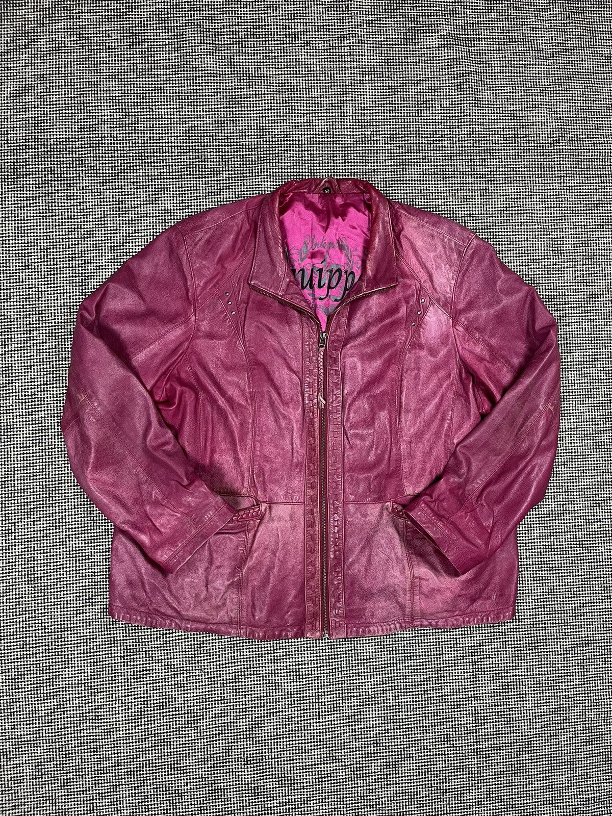 Distressed vintage oversized cropped pink leather jacket