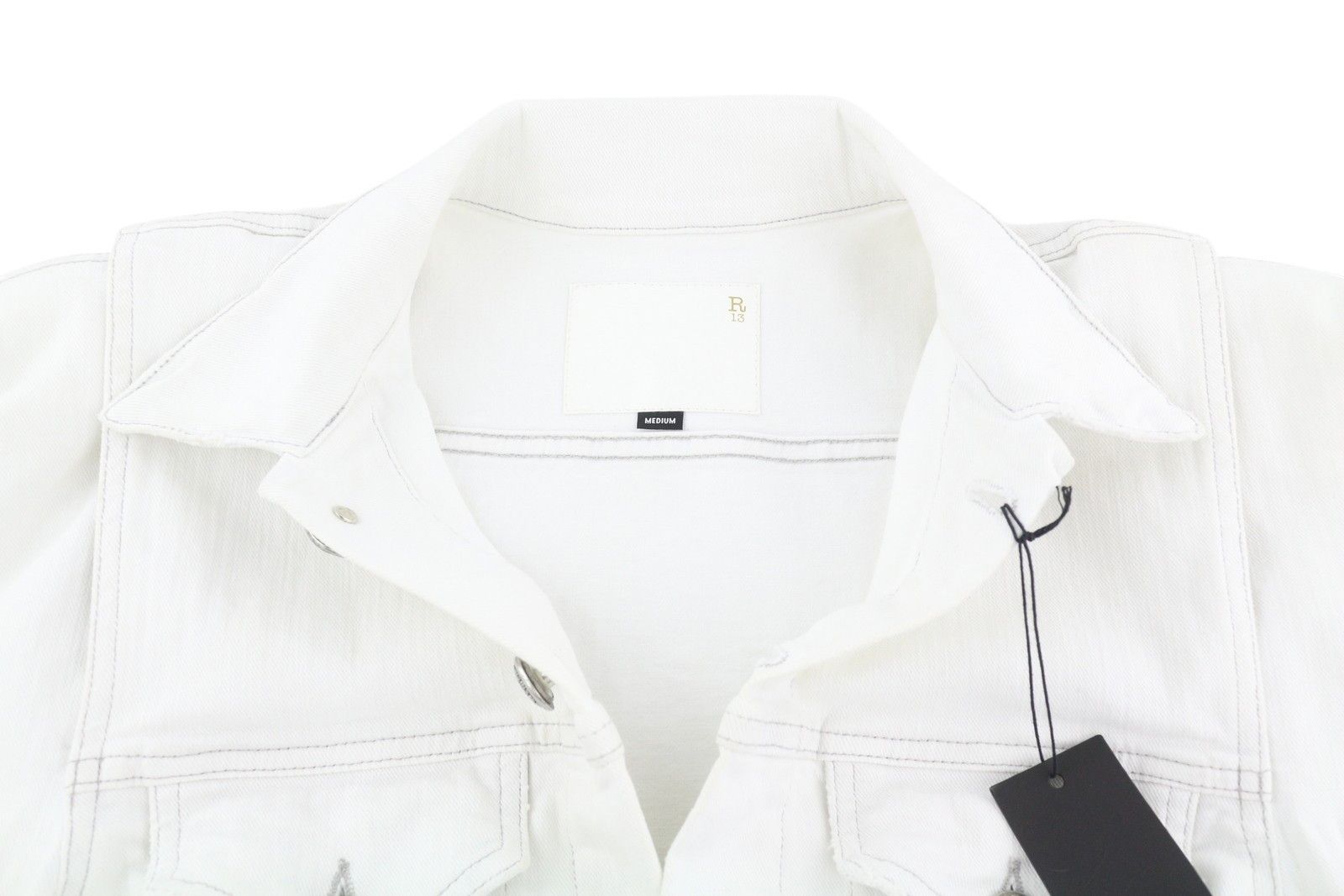 R13 KELSEY SHIRRING DENIM M Ibrooke White Shoulder Pads 86173 Size M / US 6-8 / IT 42-44 - 4 Thumbnail