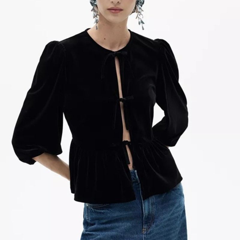 Mango MANGO Women's Bows Detail Velvet Blouse Black Size S Size S / US 4 / IT 40 - 1 Thumbnail