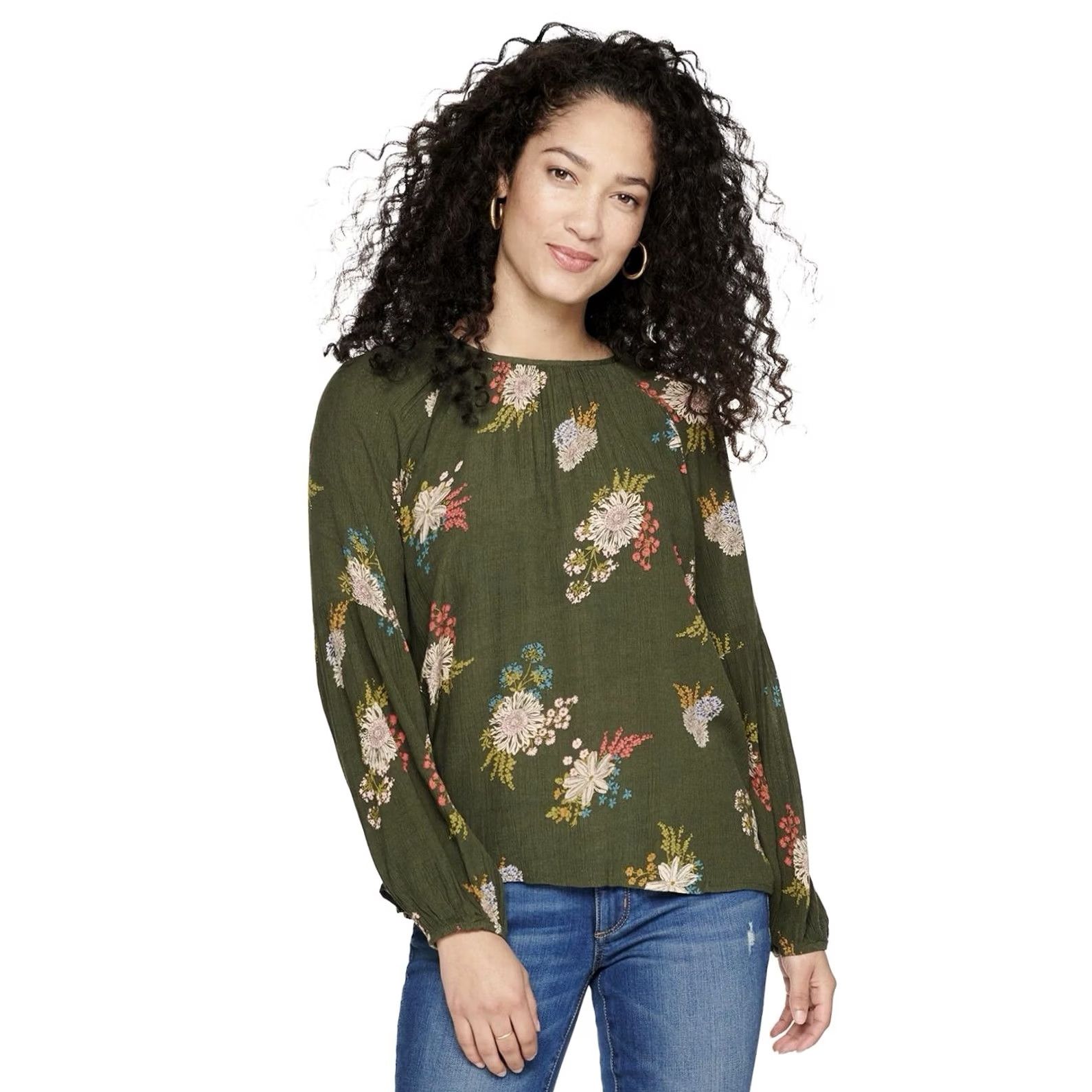 Olive Sonoma Women Olive Green Sunflower Floral Elastic-Cuff Long Sleeve Top Blouse XL Size XL / US 12-14 / IT 48-50 - 2 Thumbnail