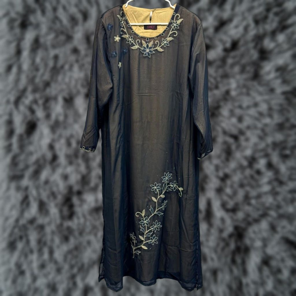 Vintage VINTAGE Sara Kaftan Dress M Abaya Embroidery Blue Sheer Tan Lined Modest Traditional Dress Blue Embroidered Kaftan Maxi Women M Bohemian Warmth Size M / US 6-8 / IT 42-44 - 1 Thumbnail