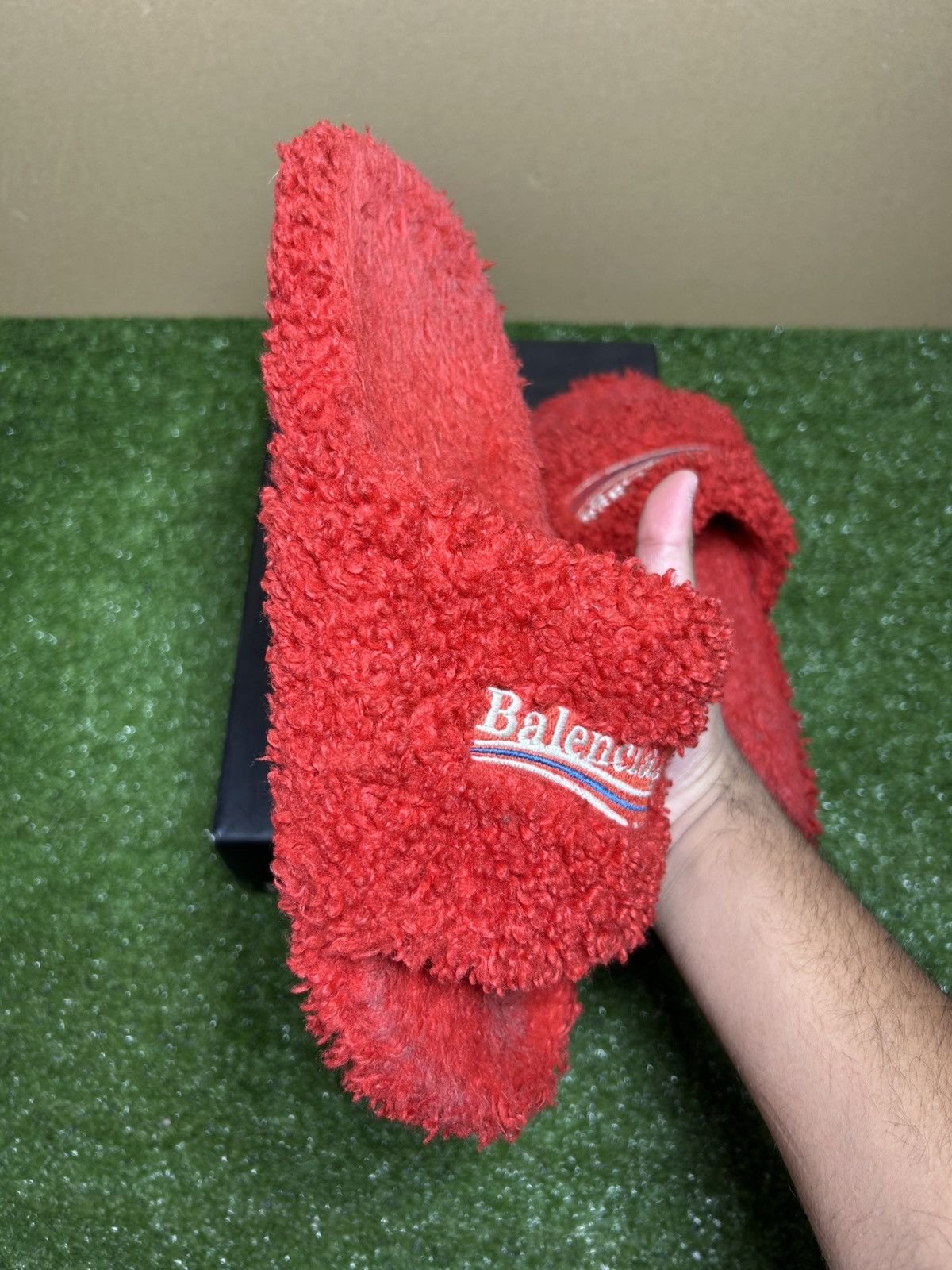 Balenciaga furry slides red