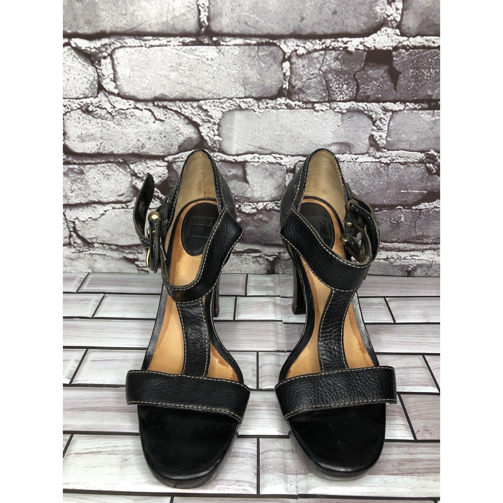 Frye Frye Gabby Bucklet Black Leather T-Strap High Heel Sandals W Size US 7 / IT 37 - 2 Thumbnail