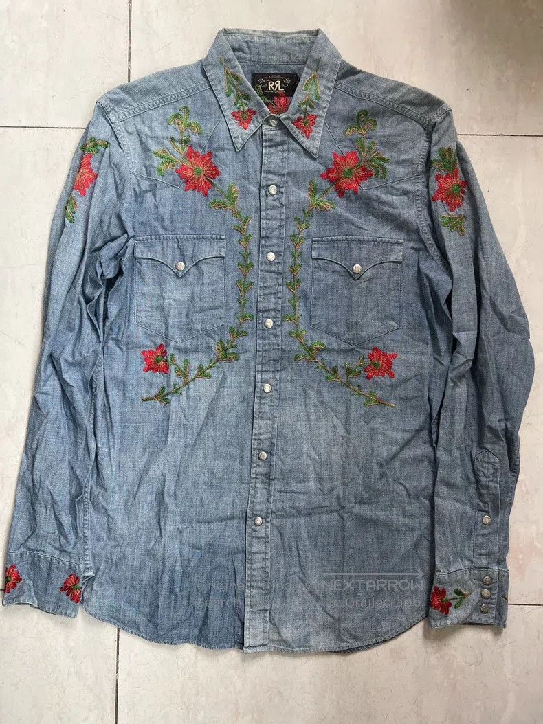 RRL Ralph Lauren RRL Ralph Lauren Western embroidery floral denim shirt Size US M / EU 48-50 / 2 - 1 Thumbnail