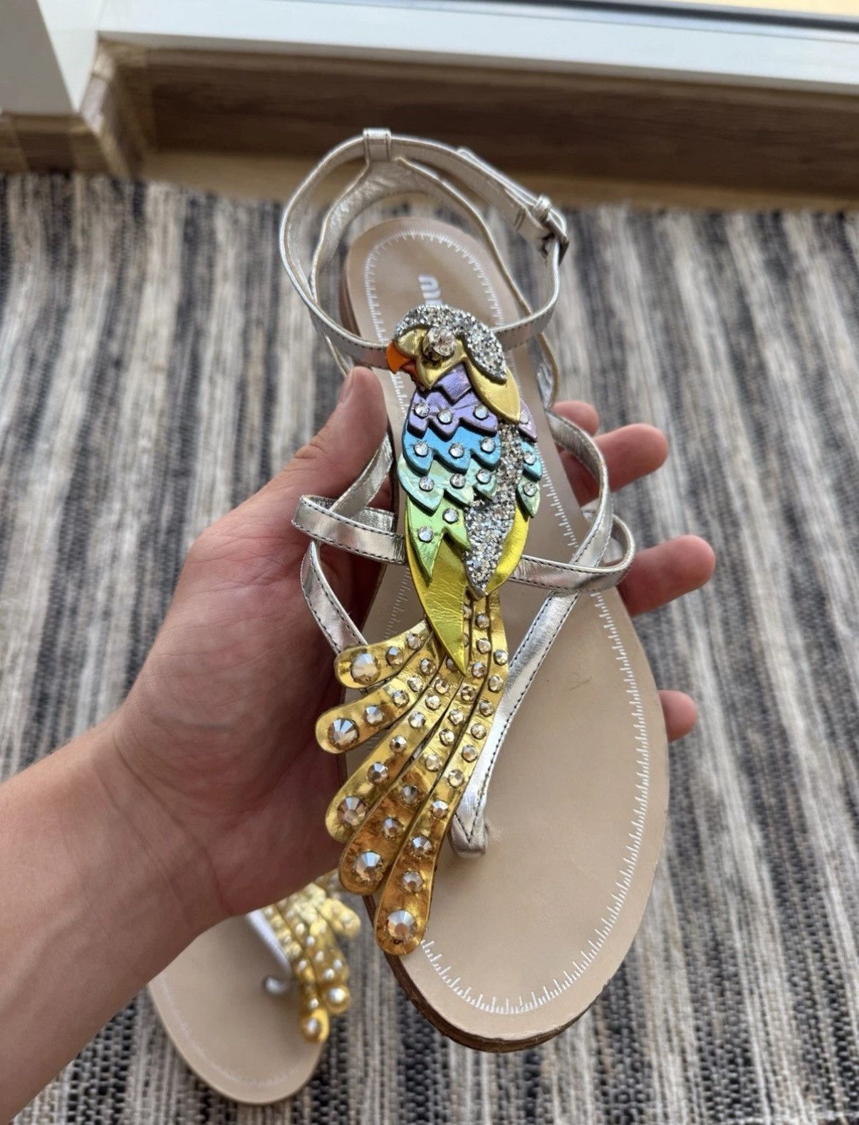 Miu Miu Miu Miu Leather Crystal Sandals Crystal Embellished Parrot Size US 7 / IT 37 - 9 Thumbnail