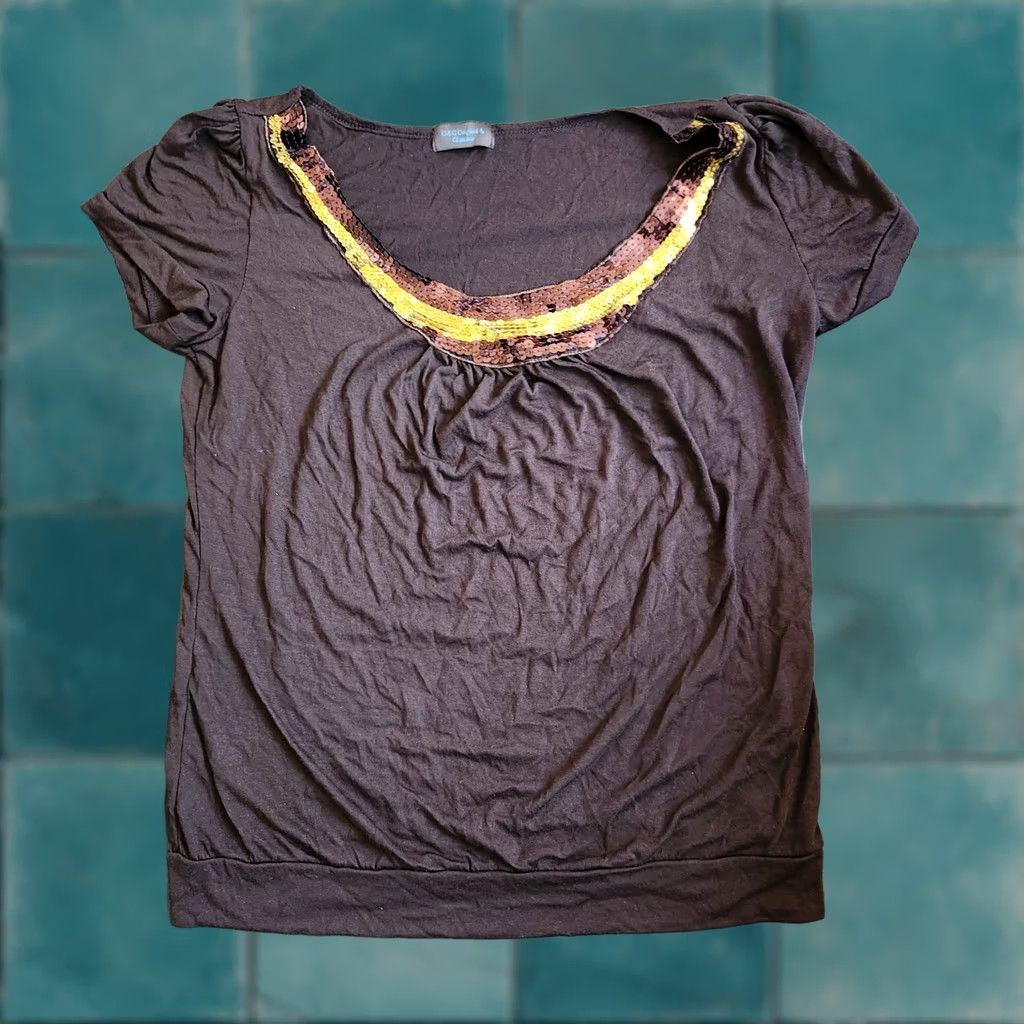 Vintage Glamour Blouse Shirt Junior L Brown Sequin Solid Short Sleeve Pullover Casual Party/Cocktail Fall Spring Summer Winter Women's Juniors L Size L / US 10 / IT 46 - 1 Thumbnail