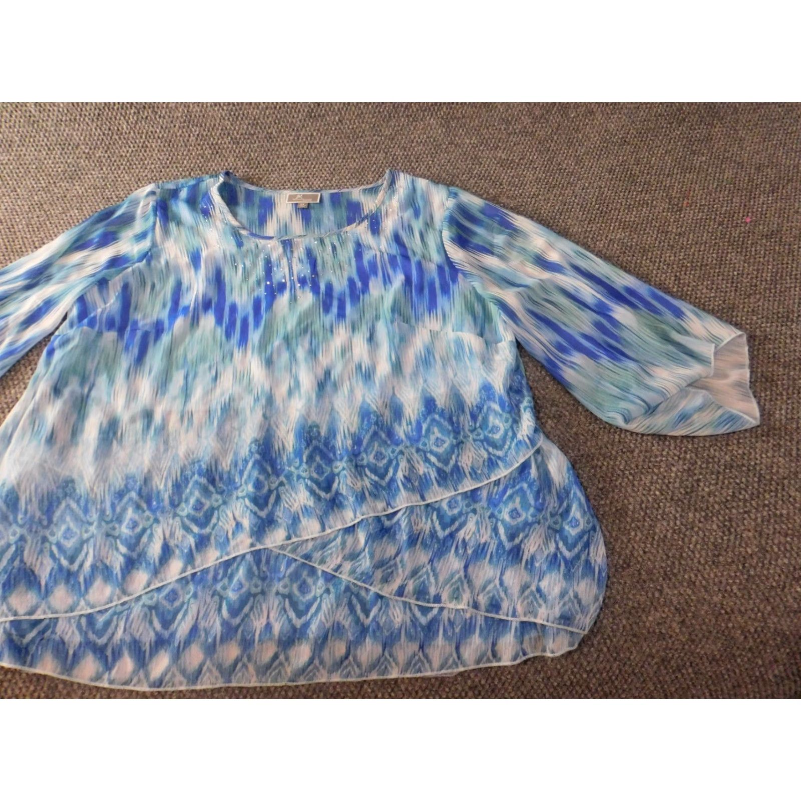 JM Collection JM Collection Blouse Shirt 2X Women Plus Blue Striped Knit Polyester Crew Neck Pullover Stretch Designer Casual Size XXL / US 16-18 / IT 52-54 - 2 Thumbnail