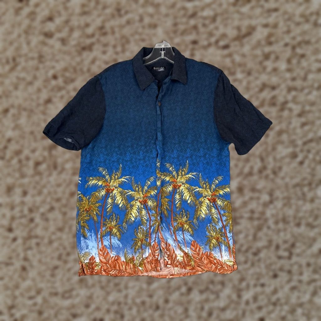 George George Shirt Adult Small Blue Coconut Palm Tree Button Up Hawaiian Rayon Size US S / EU 44-46 / 1 - 1 Thumbnail
