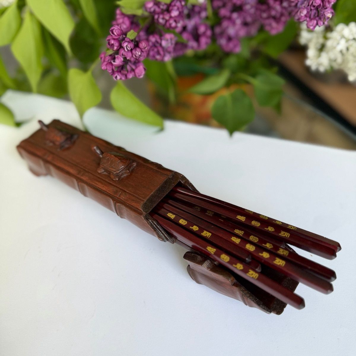 Vintage Vintage Chinese Wooden Chopsticks Set Carved Feng Shui Size ONE SIZE - 1 Thumbnail