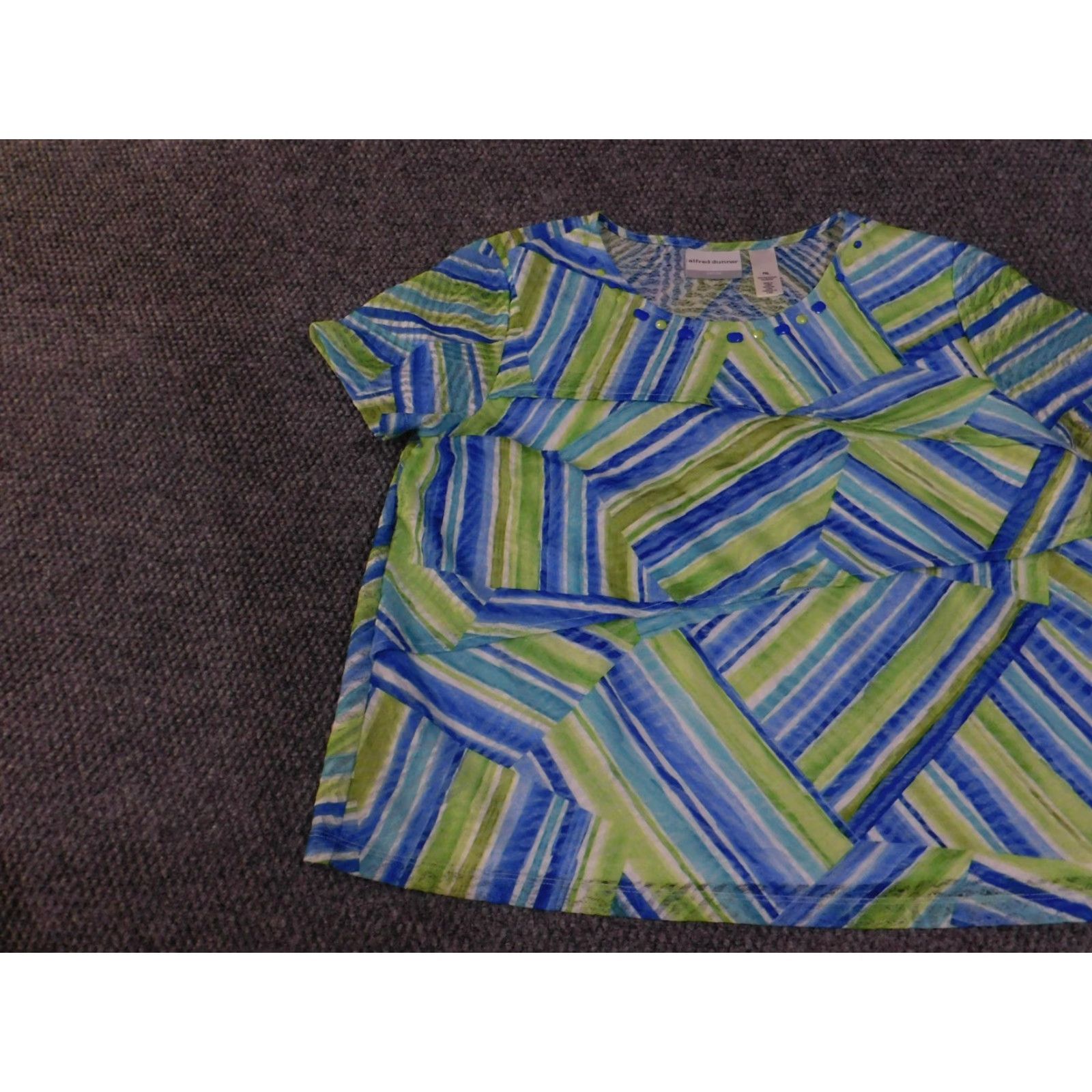 Vintage Alfred Dunner Shirt Womens PXL Blue Green Stripe Print Short Sleeve Beaded Neckline Petite Blouse Size XL / US 12-14 / IT 48-50 - 2 Thumbnail