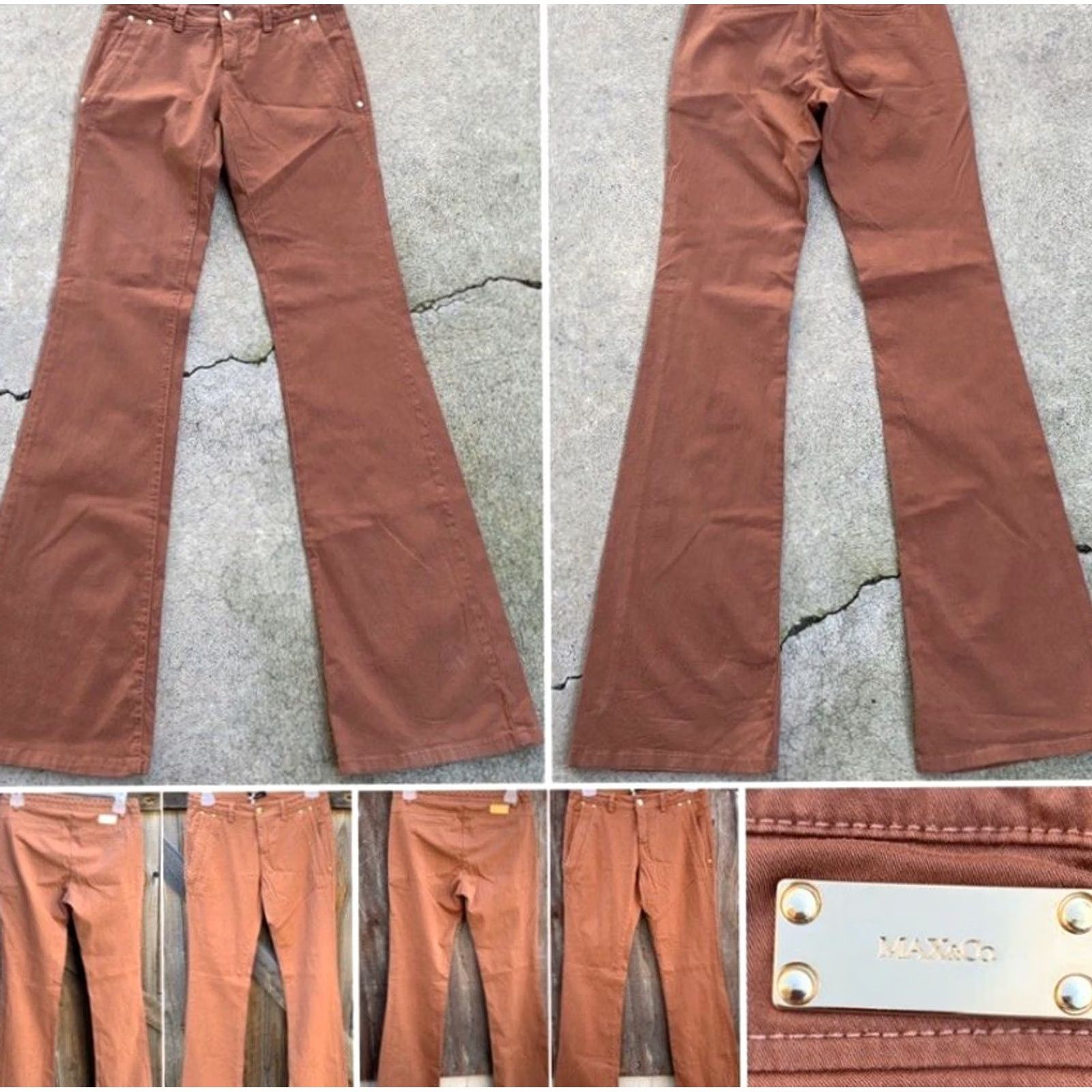 CO Max & Co Decaedro Long Pants Trousers Rust 34 3/4" Inseam Flare Leg Bell Bottom Made In Italy Women 2 Brown Cotton Spandex Flat Front Zip Leggings Size 26" / US 2 / IT 38 - 4 Thumbnail