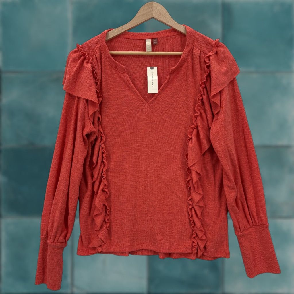Vintage Pilcro Sweater Womens M Red Pullover V-Neck Puff Sleeve Ruffle Knit Solid Bohemian Size M / US 6-8 / IT 42-44 - 1 Thumbnail