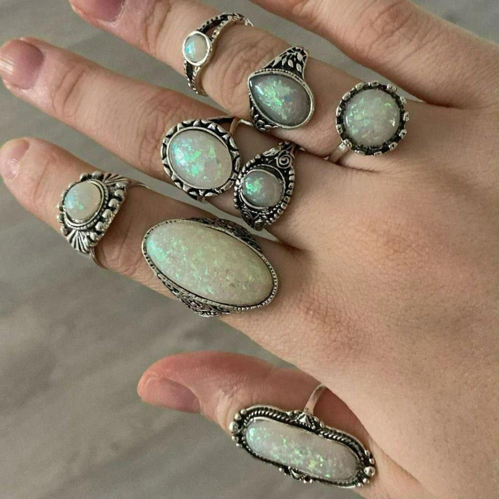 Designer 8pcs Vintage White Opal Antique Silver Ring Set Size ONE SIZE - 1 Thumbnail