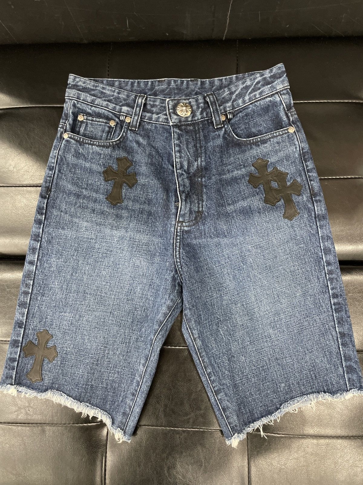 image of Chrome Hearts Denim Cross Patch Shorts in Blue, Men's (Size 26)