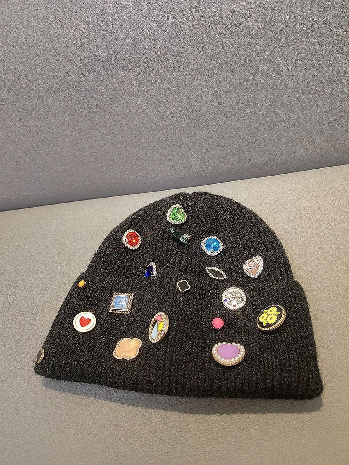 Other Black Beanie Hat with Colorful Gems and Badges Size ONE SIZE - 8 Thumbnail