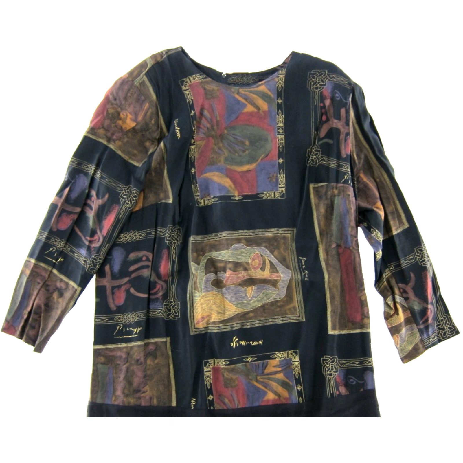 Vintage VTG Special Thyme Ltd. Black Brown Purple Art Long Sleeve Midi Tunic Dress 24W Size 4XL / US 24-26 - 5 Thumbnail