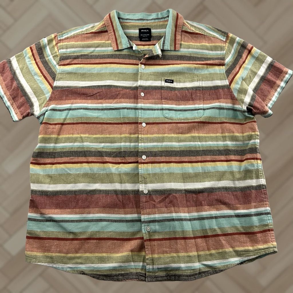 RVCA RVCA Striped Short Sleeve Button Front Shirt Multicolor Pocket Mens XXL Size US XXL / EU 58 / 5 - 1 Thumbnail