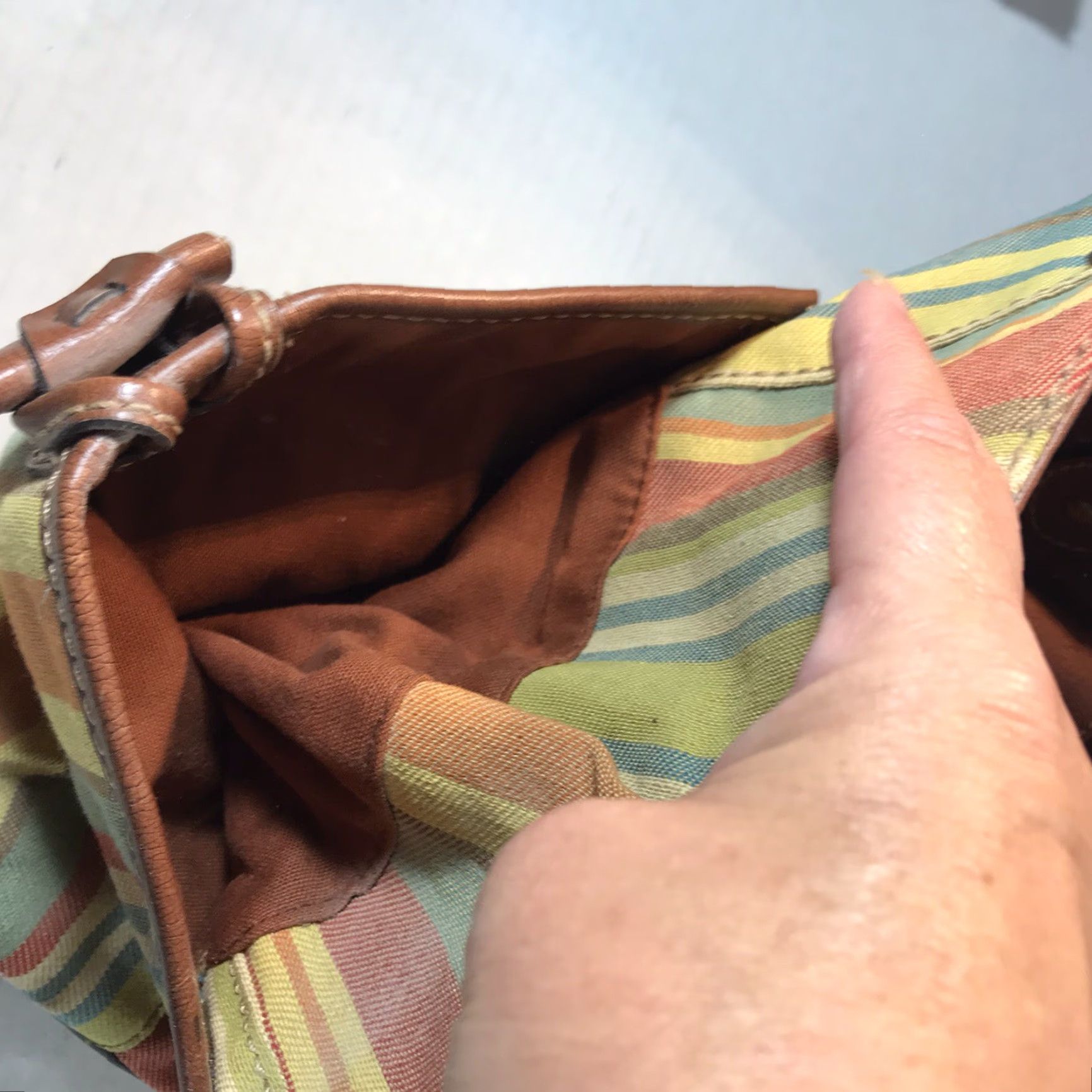 Fossil FOSSIL Women Satchel Bag Medium Rainbow Striped Canvas Leather Trim Casual Travel Workwear Size ONE SIZE - 5 Thumbnail