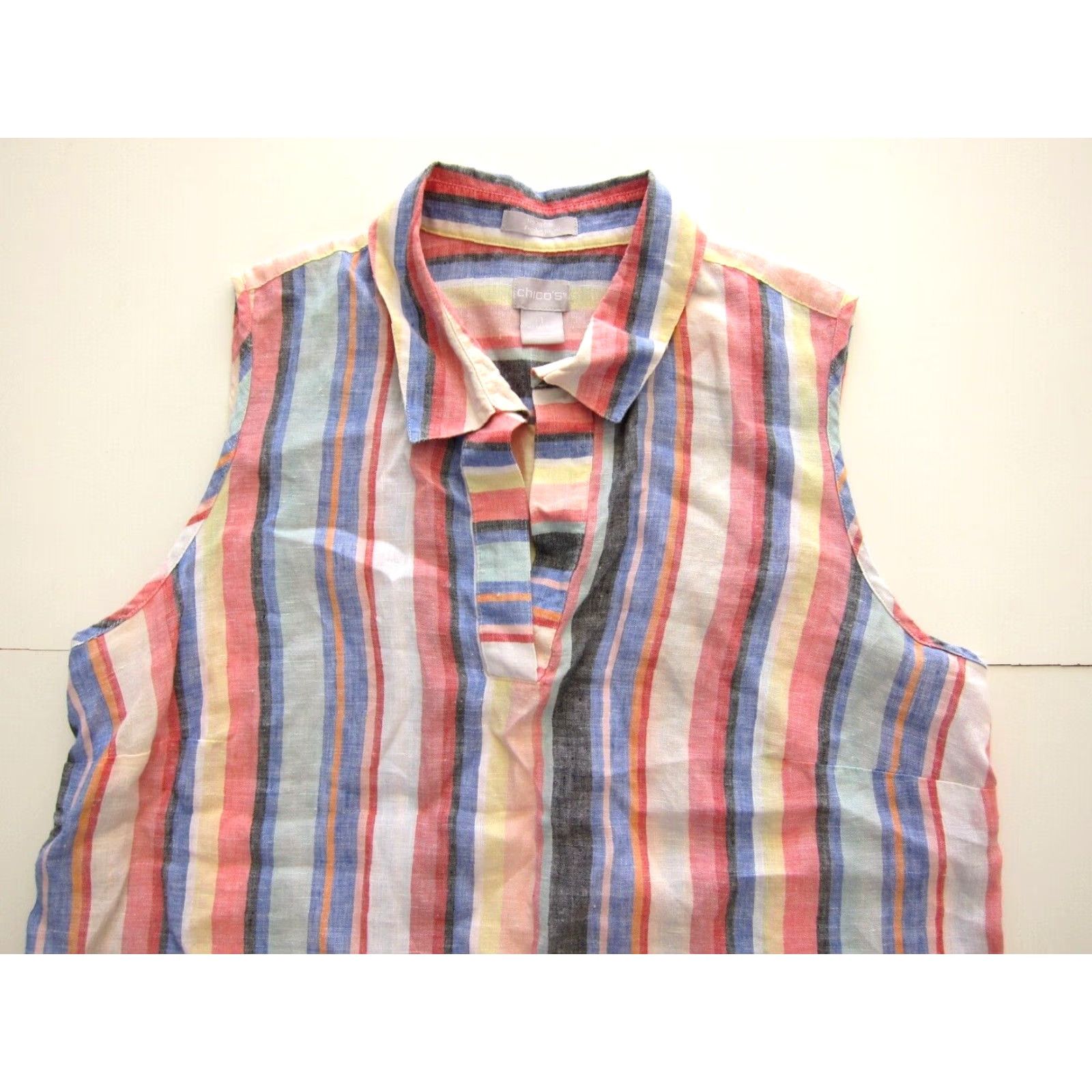 Vintage Chico's 100% Linen Pink Green Yellow Stripe Sleeveless Collared Blouse 1 M/8 Size M / US 6-8 / IT 42-44 - 3 Thumbnail