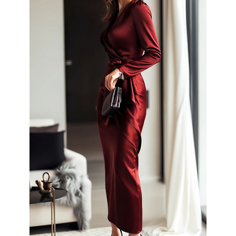 Other Women's Satin Dress Elegant V-Neck Long Sleeve Bodycon Dress Size S / US 4 / IT 40 - 3 Thumbnail