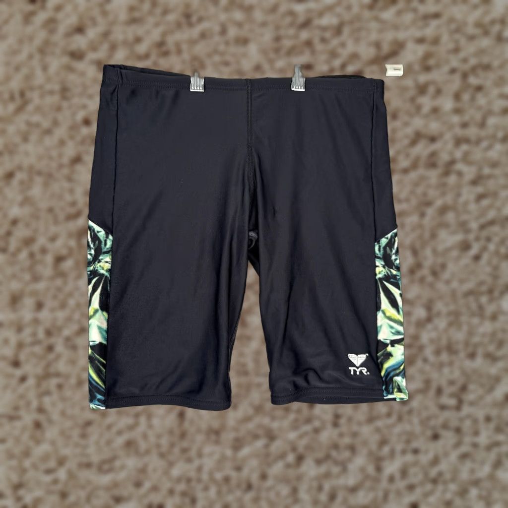 Vintage TYR Mens Swim Shorts Jammer 32 Black Green Blue Print Training Competition Bottoms Size US 32 / EU 48 - 1 Thumbnail