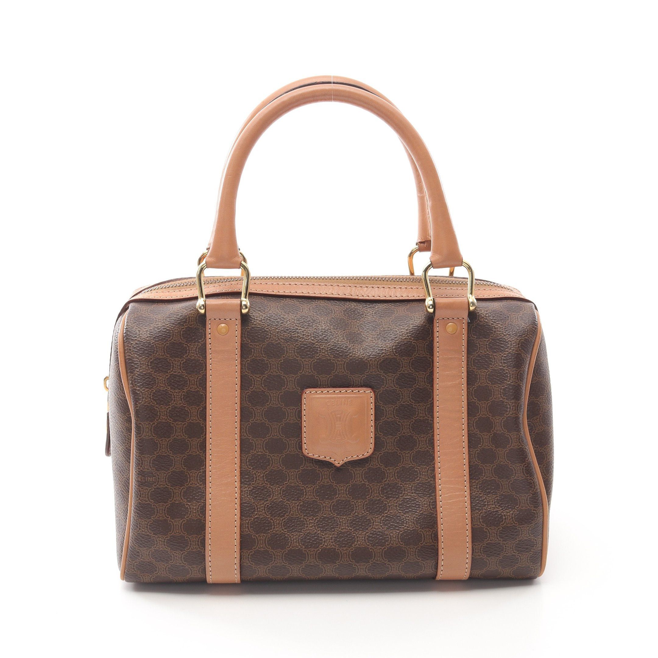 Celine Macadam Handbag Mini Boston Bag Leather Brown, Women's