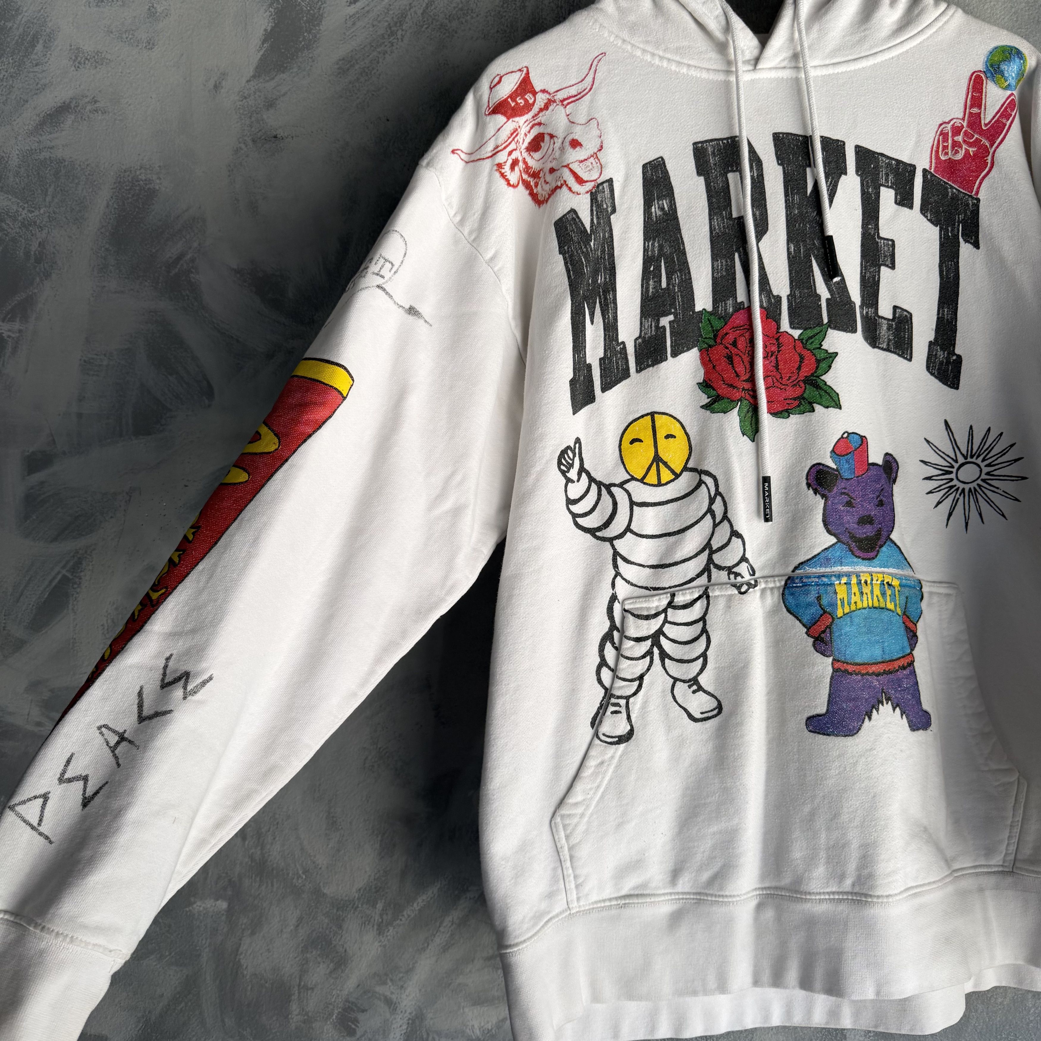 Market MARKET Varsity Hand Drawn Hoodie Sweatshirt Mens XL White Size US XL / EU 56 / 4 - 2 Thumbnail
