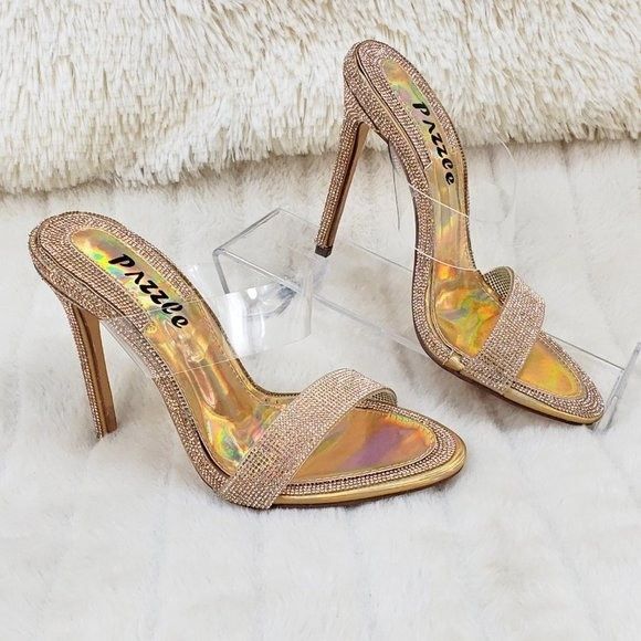 Other Lee Gold Rhinestone Slip On Double Strap High Heel Clog Mule Size US 10 / IT 40 - 4 Thumbnail