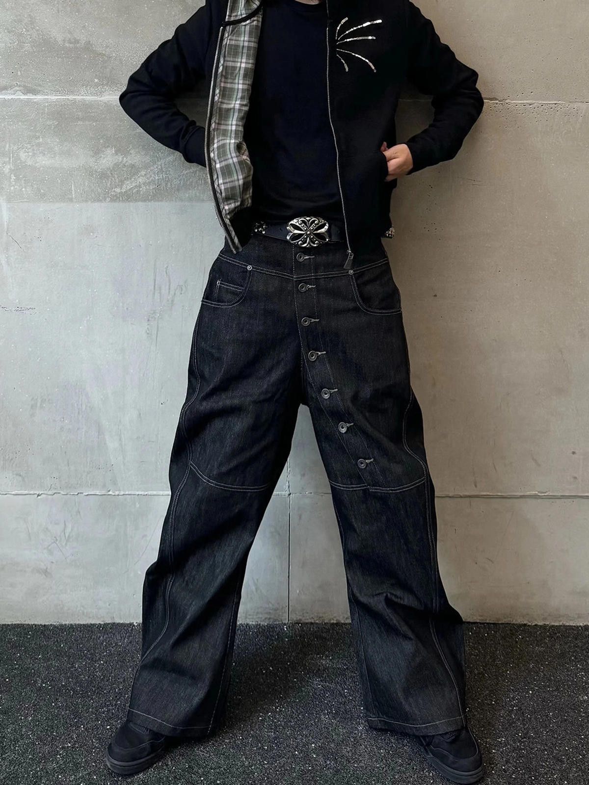 Japanese Style Raw Denim Wide Leg Button Stud Jeans