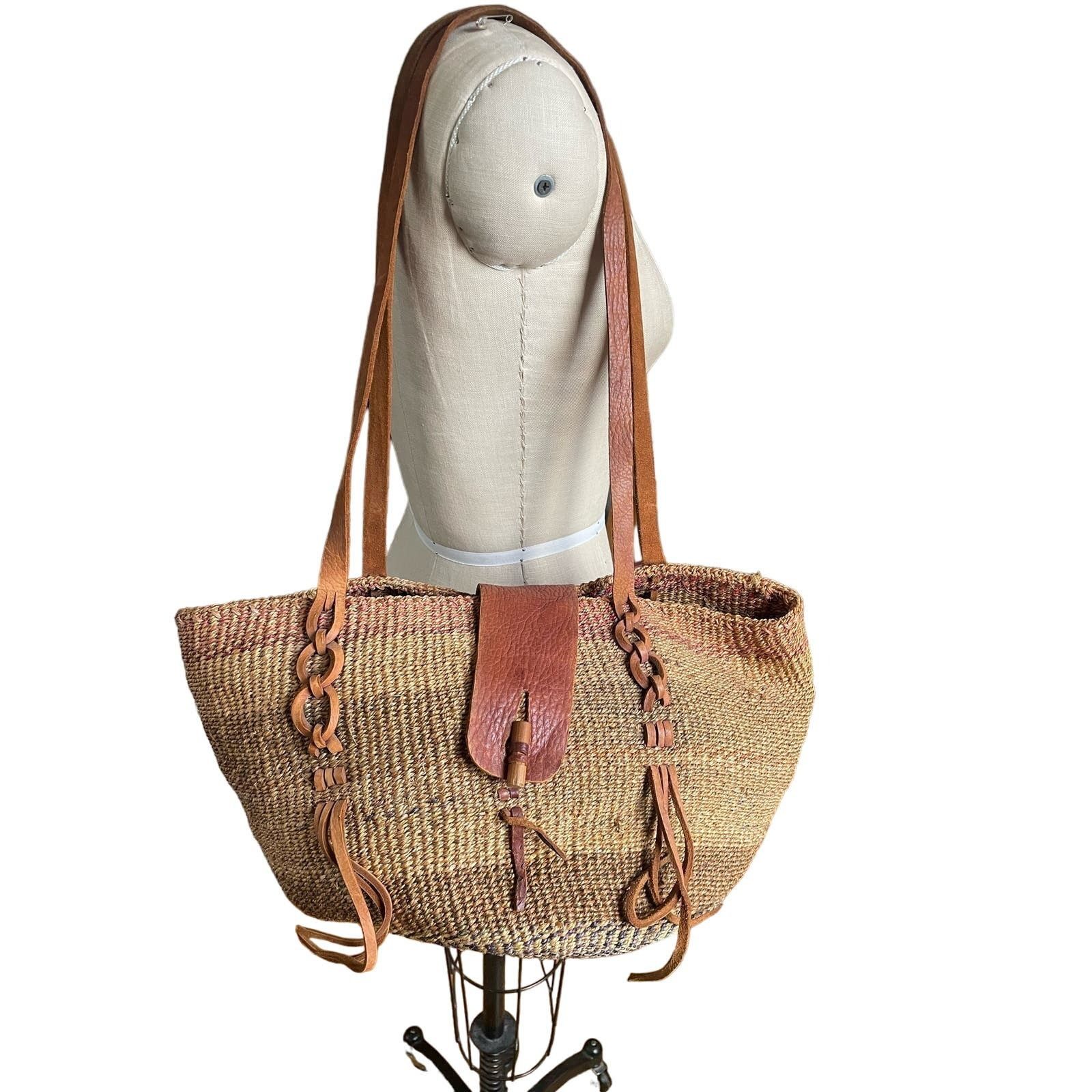image of Vintage 90's Woven Sisal Basket Bag W/ Leather Trim In Brown, Women's