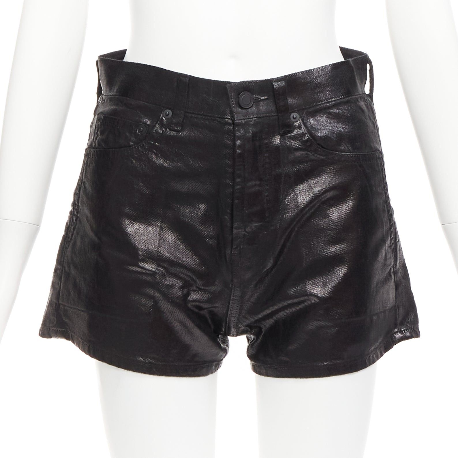 Saint Laurent Paris SAINT LAURENT 2020 black coated cotton high waisted wide leg shorts 26" Size 26" / US 2 / IT 38 - 1 Thumbnail