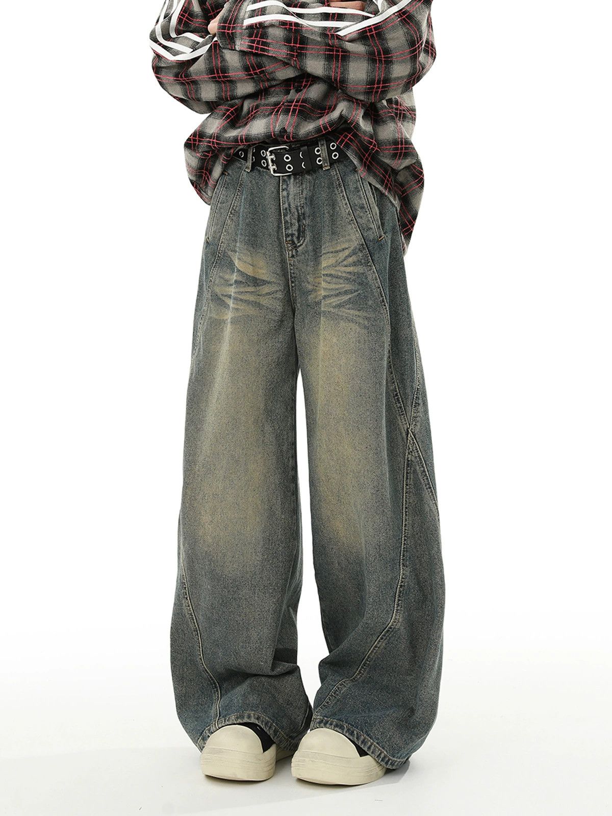 Vintage Men's washed distressed patchwork hip-hop wide-leg jeans Size US 32 / EU 48 - 3 Thumbnail
