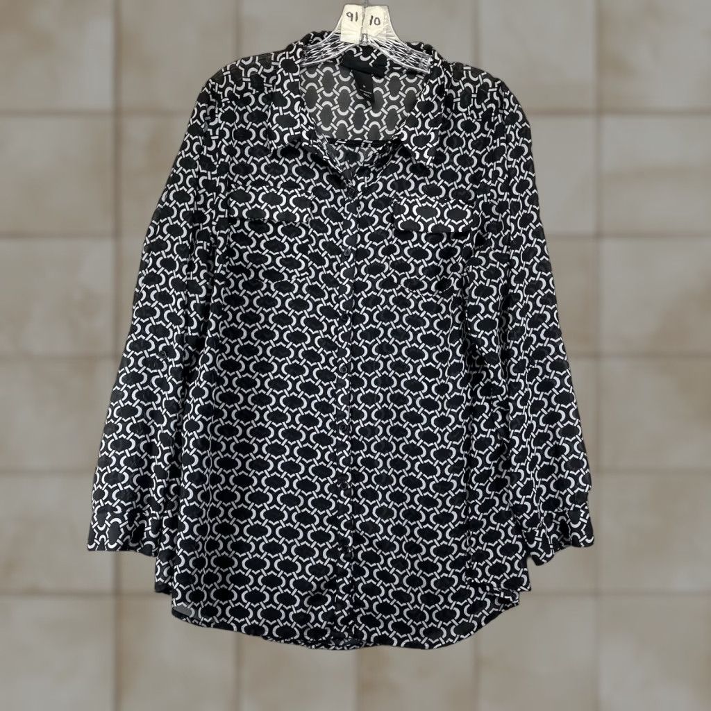 Vintage Lane Bryant Women’s Blouse Shirt 14 Black White Chain Designer Print Sheer Gothic Casual Long Sleeve Button Up Collared Breathable Polyester Modern Size XL / US 12-14 / IT 48-50 - 1 Thumbnail