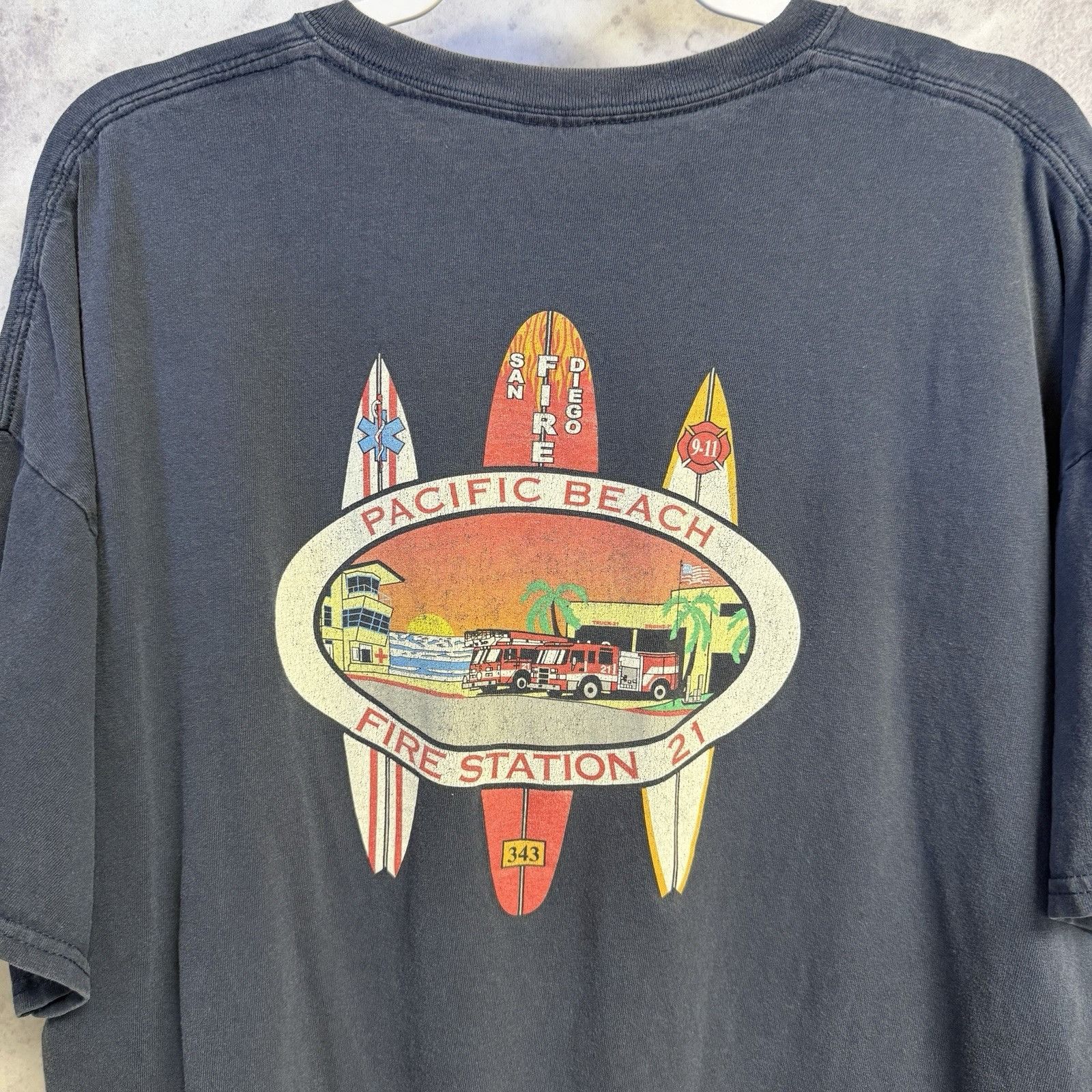 Vintage VTG Pacific Beach Fire Station T Shirt Mens XXL 26x26.5 Blue Size US XXL / EU 58 / 5 - 1 Thumbnail