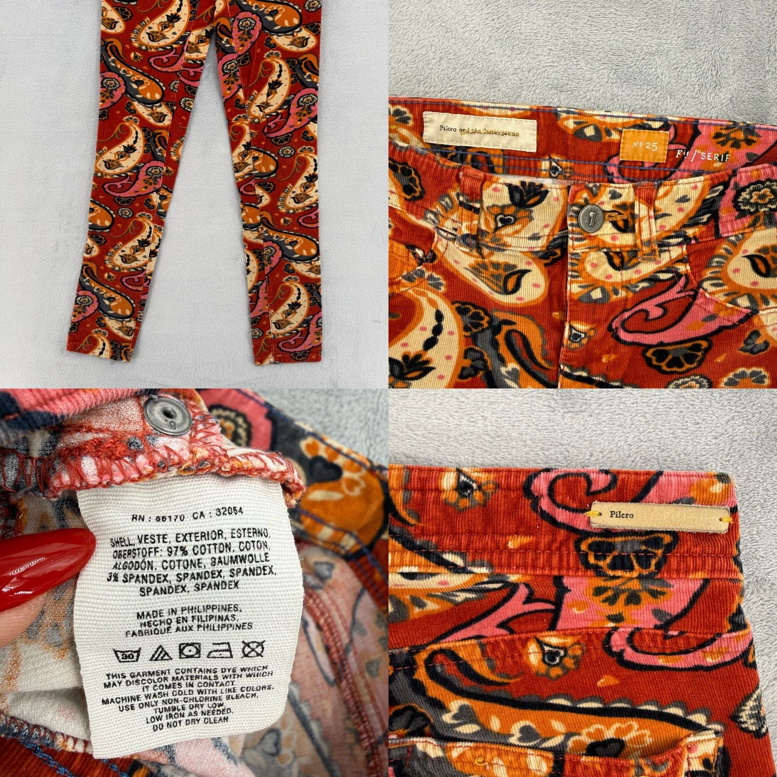 Vintage Pilcro and the Letterpress Serif Paisley Corduroy Pants Orange Red Womens Sz 25 Size 42" / US 20 - 8 Thumbnail