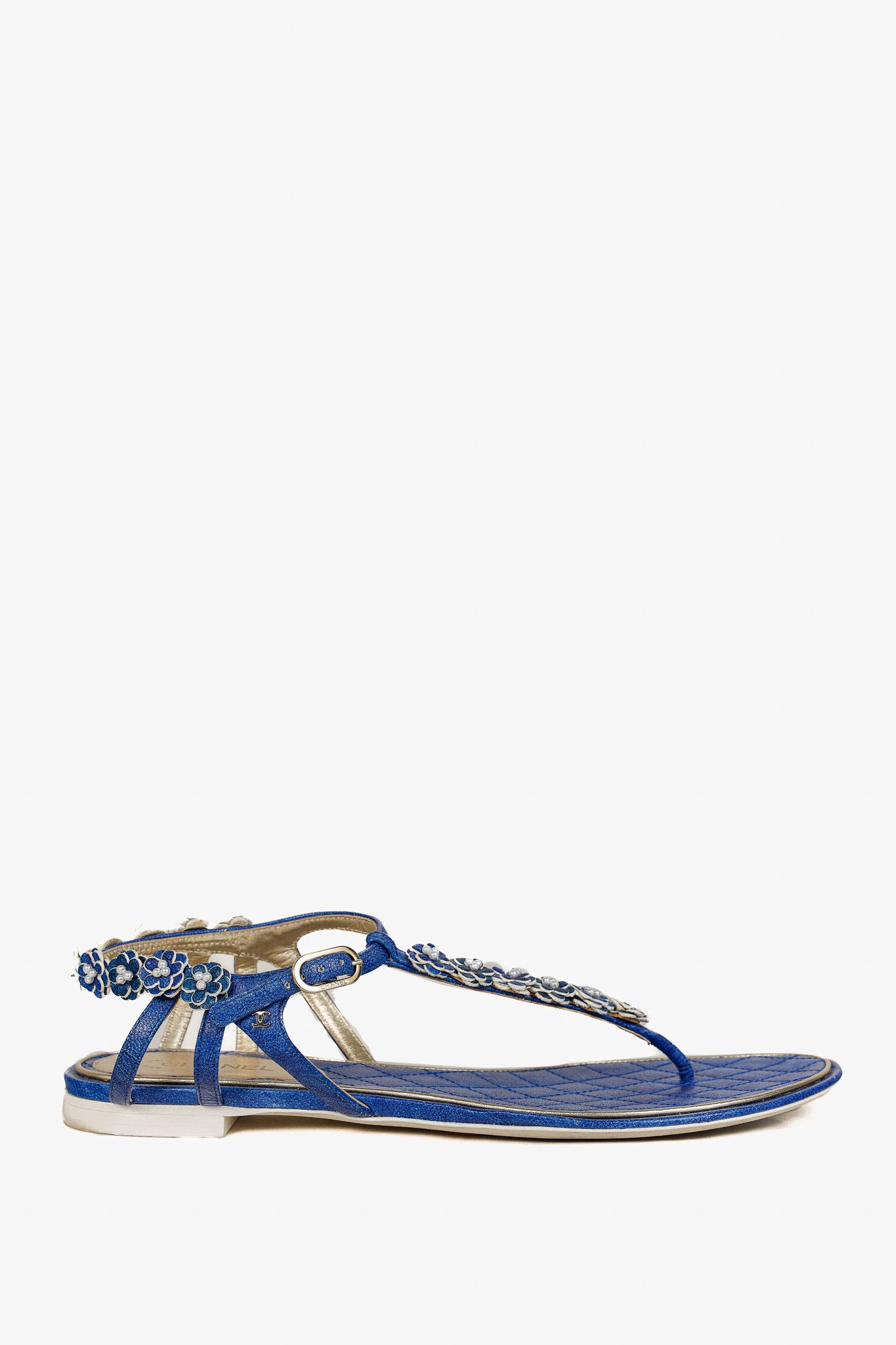 Chanel Chanel Blue Floral-Embellished Leather Thong Sandals Size US 10.5 / IT 40.5 - 2 Thumbnail