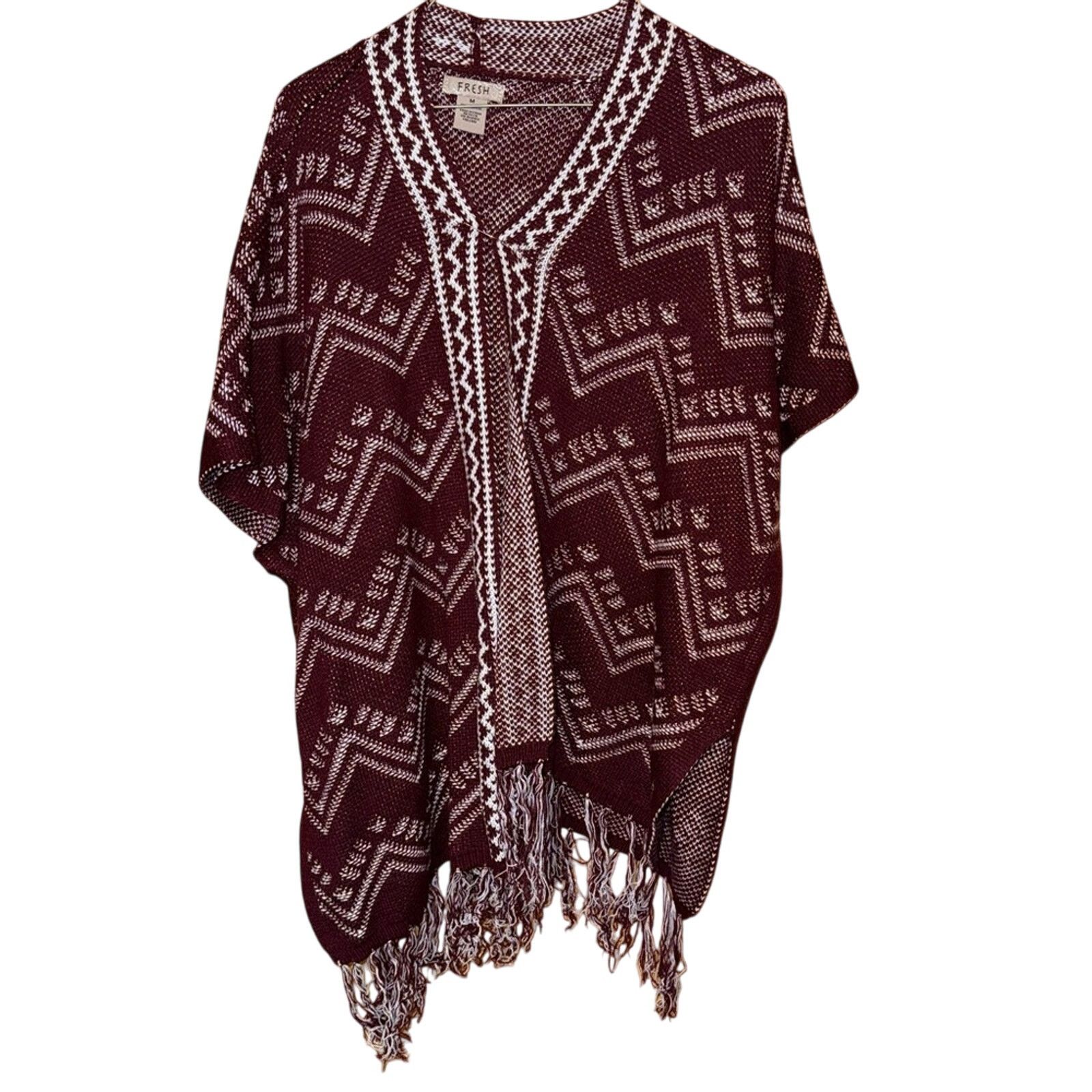 Other Fresh Burgundy and White Knit Poncho with Fringe Size M Size M / US 6-8 / IT 42-44 - 1 Thumbnail