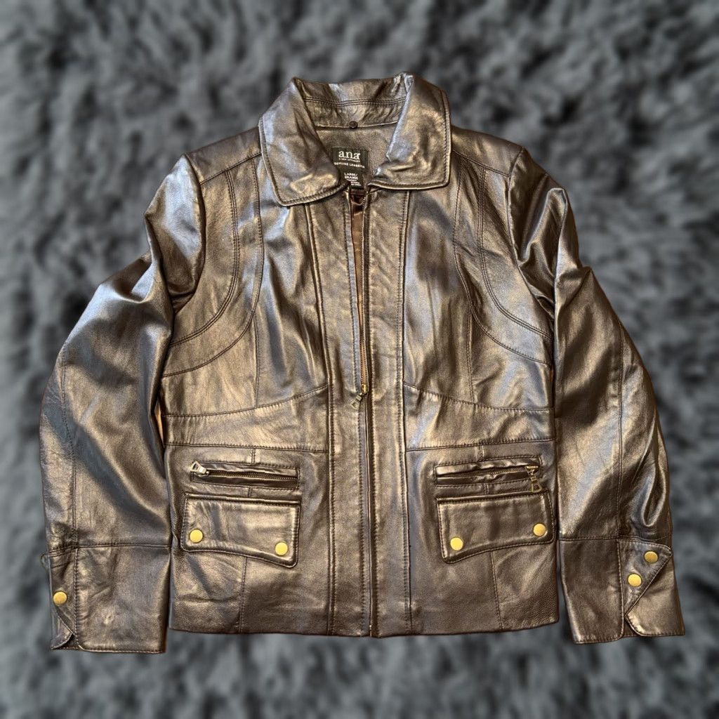 Vintage a.n.a Leather Jacket Womens Large Dark Brown Genuine Lambskin Zip Pocket Buckle Size L / US 10 / IT 46 - 1 Thumbnail