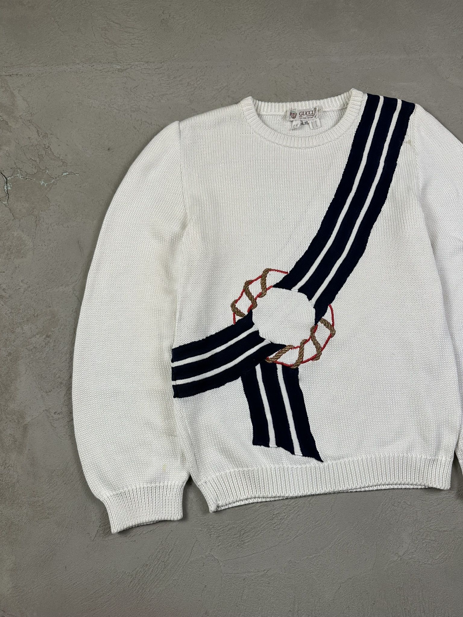 Gucci 80s Vintage Gucci Marine Cotton Knit Boxy Sweater Size L / US 10 / IT 46 - 2 Thumbnail