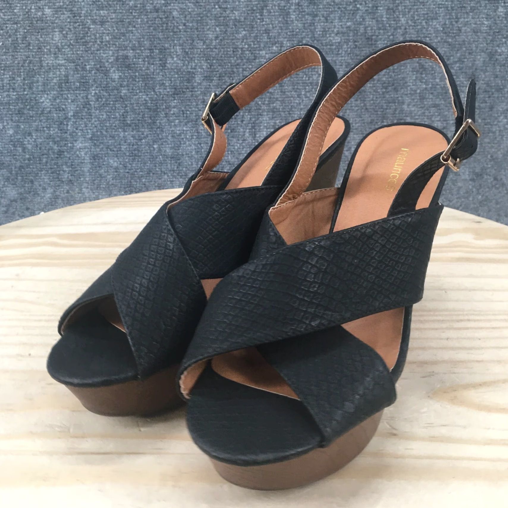 Vintage Maurices Sandals Womens 11 Beverly Slingback Wedge Heels Black Faux Leather Size US 11 / IT 41 - 6 Thumbnail
