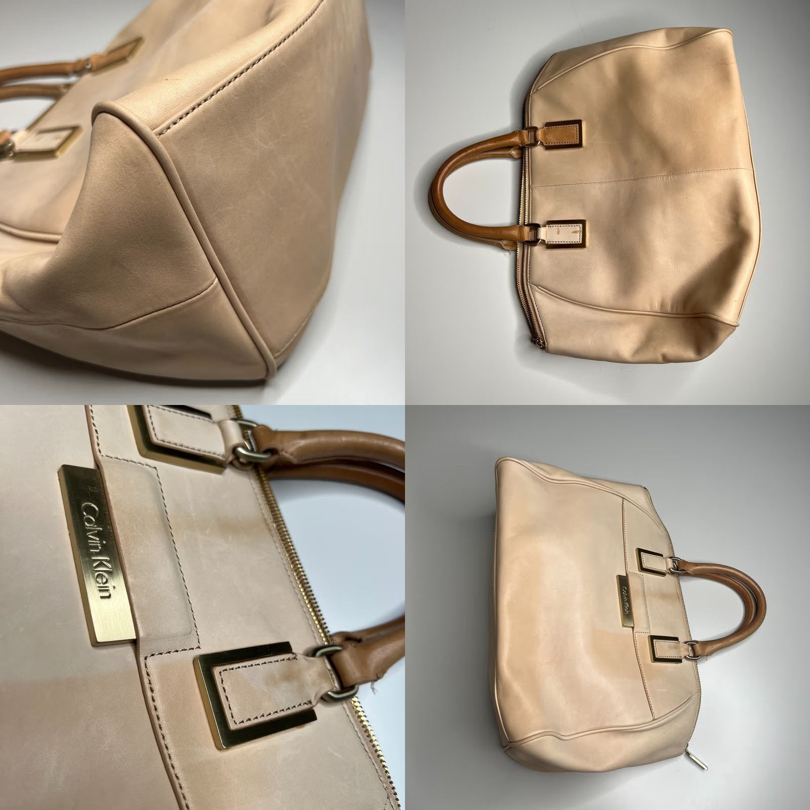 Calvin Klein Calvin Klein Beige Leather Satchel Tote Bag Gold Hardware Structured Large Purse Womens Bag Beige Gold Hardware Large Leather Satchel Size ONE SIZE - 8 Thumbnail