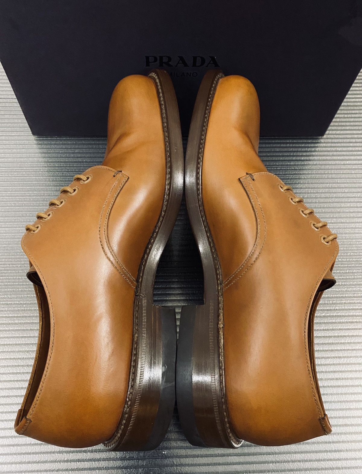 Prada Prada 🇮🇹 cognac cordovan leather triple sole derby 12 NEW Size US 12 / EU 45 - 6 Thumbnail