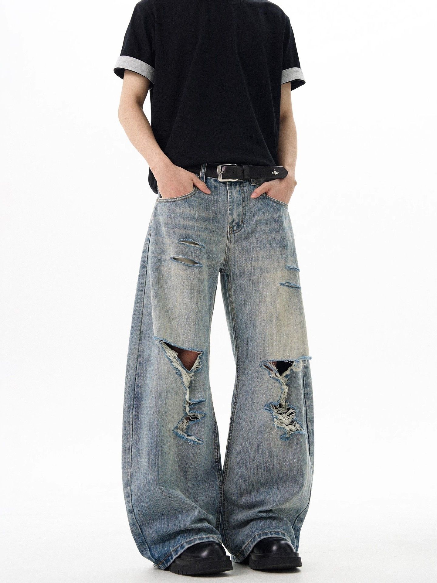 Japanese Brand Street men's loose ripped washed distressed scimitar jeans Size US 32 / EU 48 - 2 Thumbnail