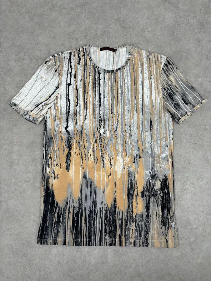 Roberto Cavalli 2000s Roberto Cavalli Beige Striped Abstract Painting T-Shirt Size US S / EU 44-46 / 1 - 1 Thumbnail