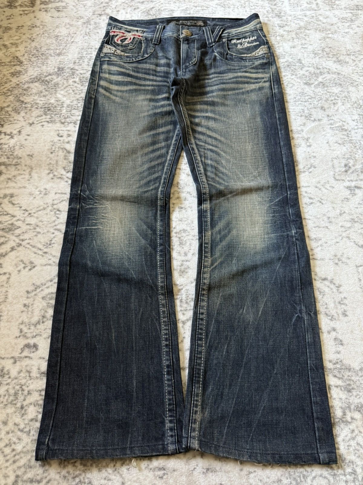 If Six Was Nine Red Pepper Japan Goth Skull Wings Embroidered Flared Jeans Size US 30 / EU 46 - 2 Thumbnail