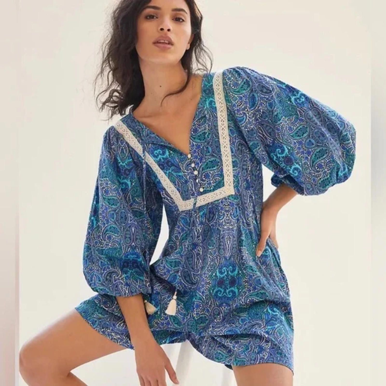Other Anthropologie Blue Tassel Romper M Blue Boho Tassel coastal Size 32" / US 10 / IT 46 - 3 Thumbnail