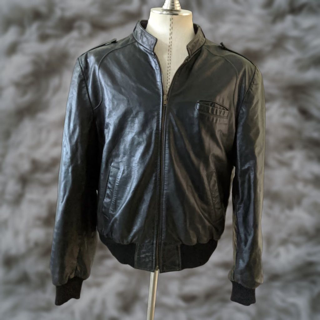 Sears VINTAGE Sears 48 SLIM Black Leather Jacket Cafe Racer Motorcycle Hipster Men Jacket 48 Big & Tall Leather Shop Sears Mens Size US M / EU 48-50 / 2 - 1 Thumbnail
