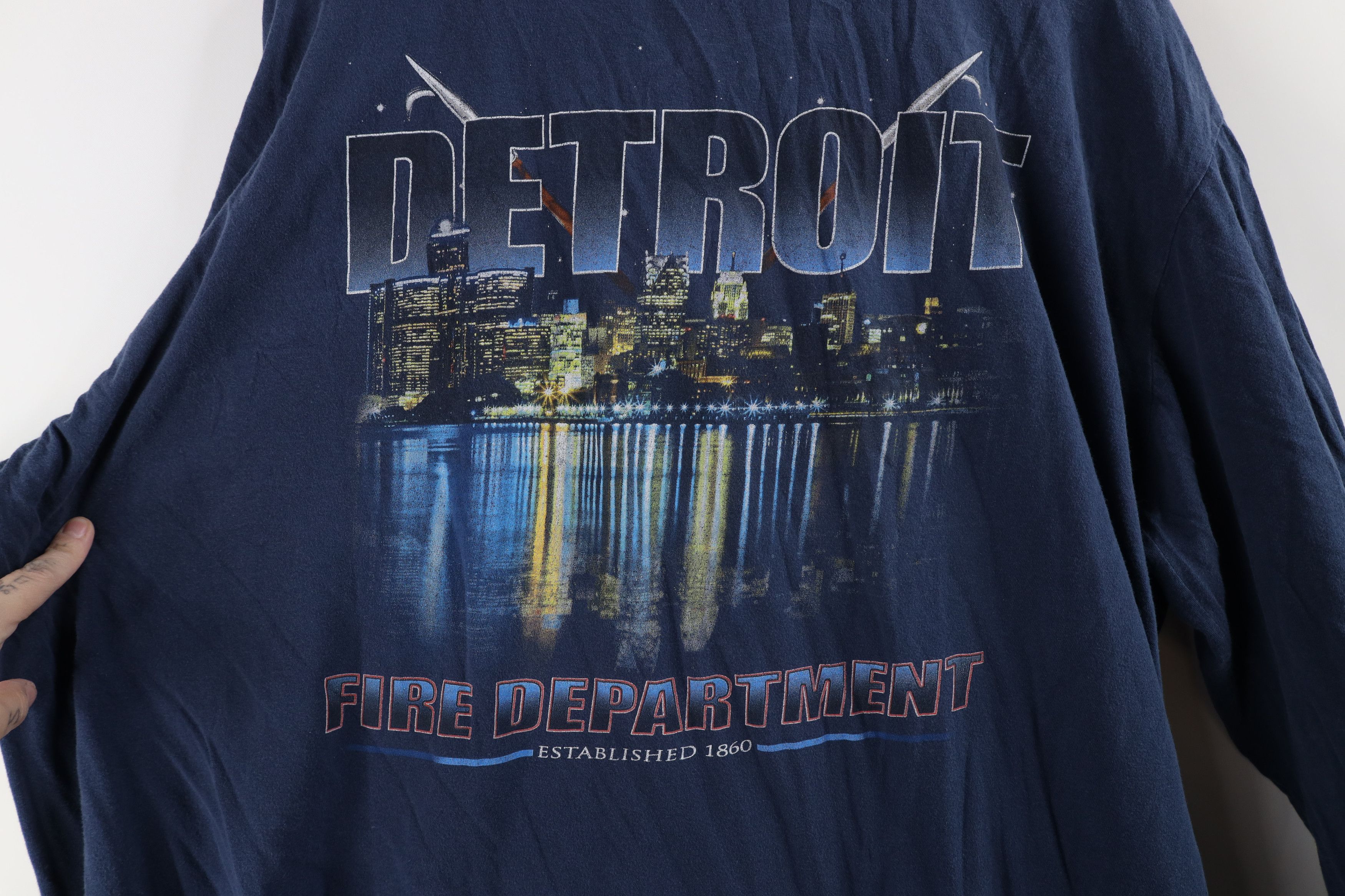 Vintage Vintage 90s Detroit Firefighters Long Sleeve T-Shirt Blue Size US XXL / EU 58 / 5 - 8 Thumbnail