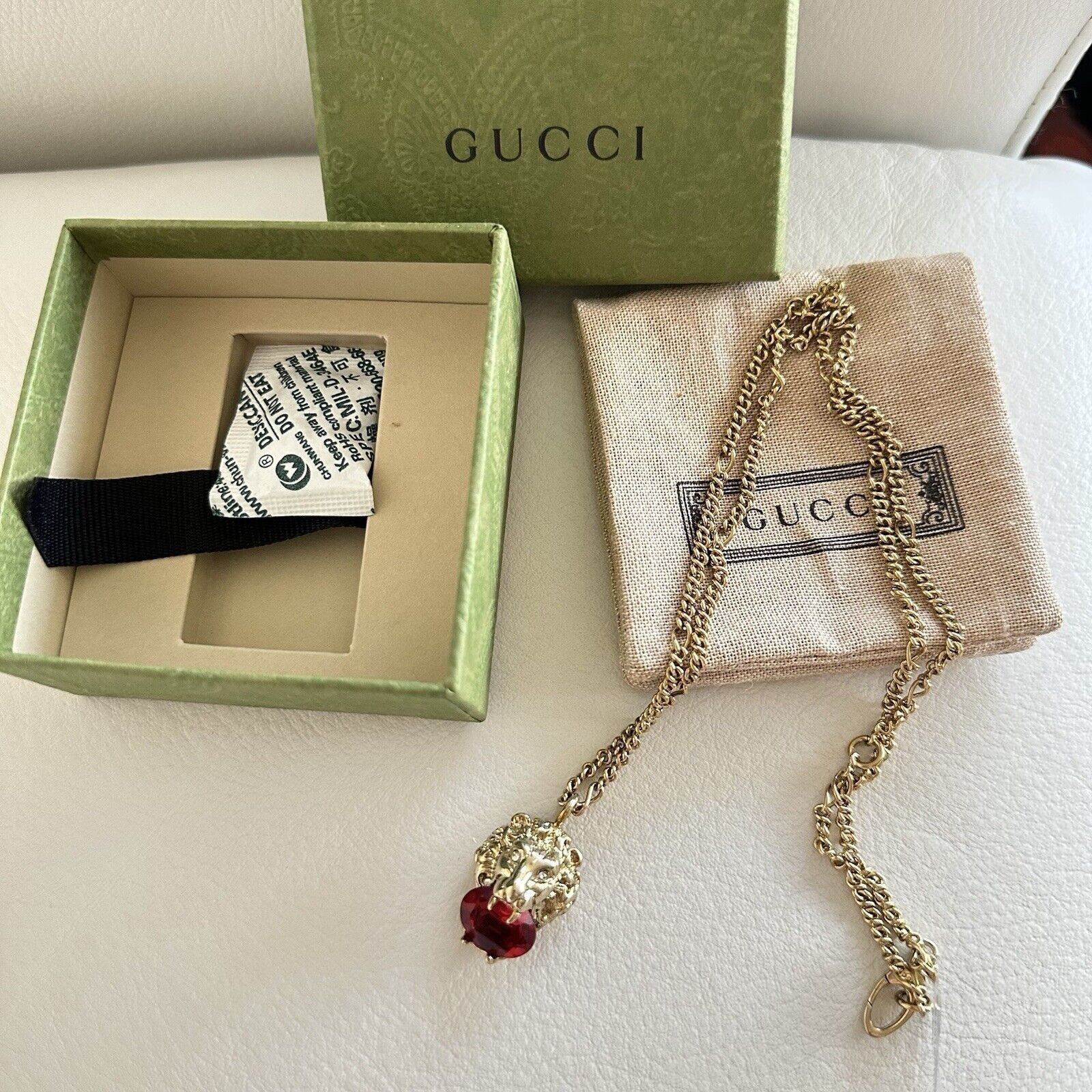Gucci NEW Gucci Lion Head Chain Necklace Red Crystal Metal GP Char Size ONE SIZE - 3 Thumbnail