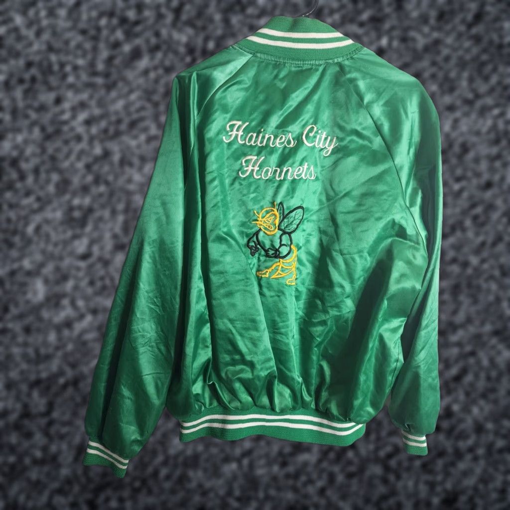 VTG Haines City High School Satin Snap Jacket L Auburn Nylon Green Men Varsity Jacket School Football 90s Mens
